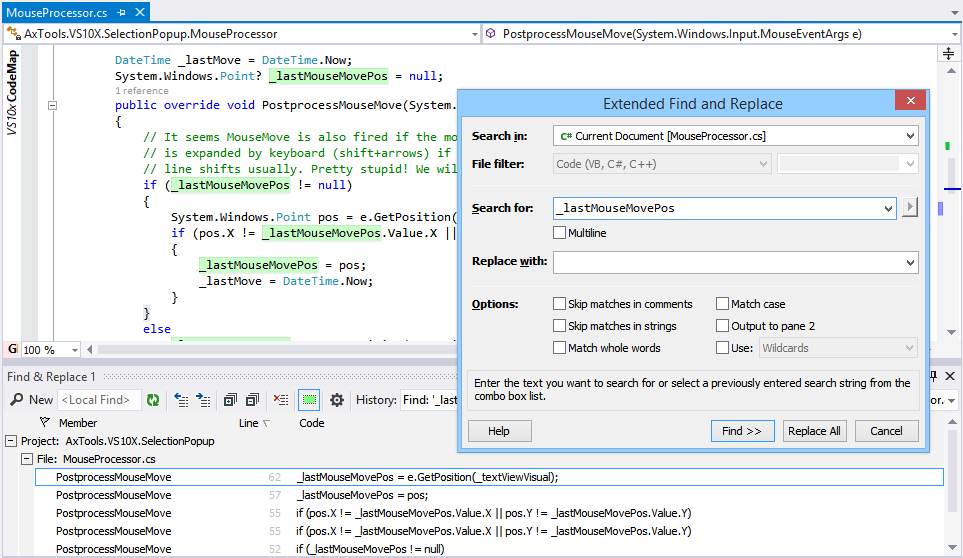 The CodeSMART Extended Find and Replace