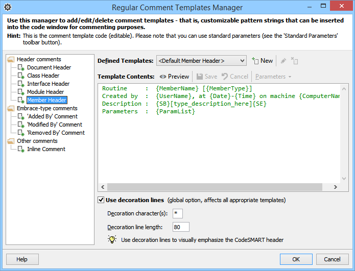 The CodeSMART Regular Comment Templates Manager