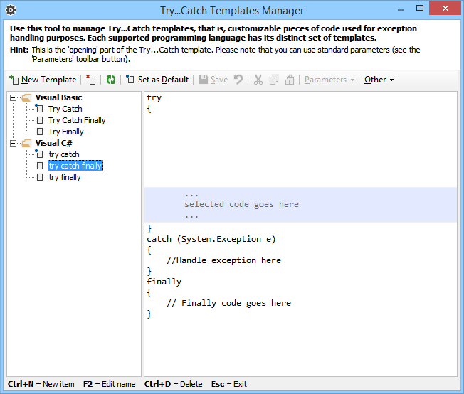 The CodeSMART Try-Catch Templates Manager