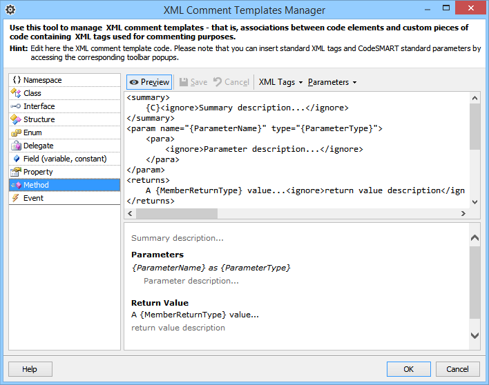 The CodeSMART XML Comment Templates