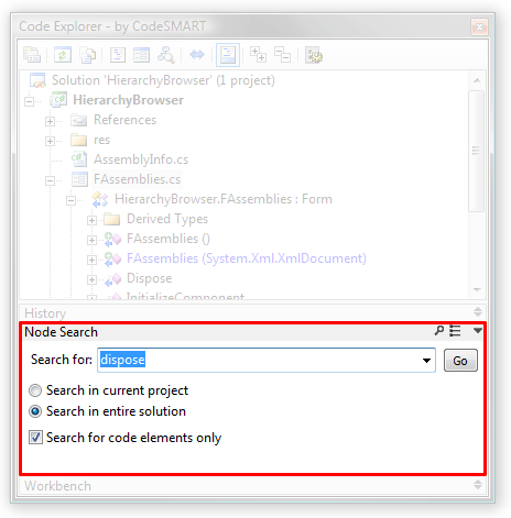 The CodeSMART Code Explorer Search Pane
