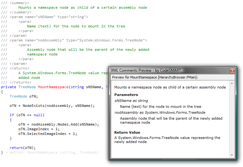The CodeSMART XML Comments Preview